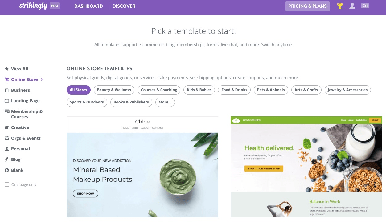 Strikingly template selection page Strikingly template selection page